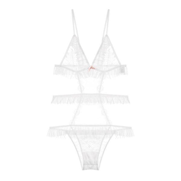 Lace And Frills Sheer White Bodysuit For Women Bodies & Catsuits