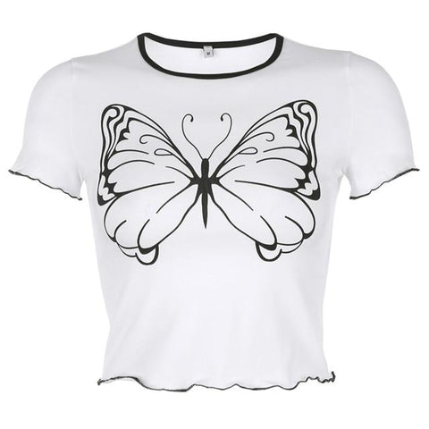 White And Black Butterfly Cropped Tee Kawaii Top Women Short Sleeve Shirt