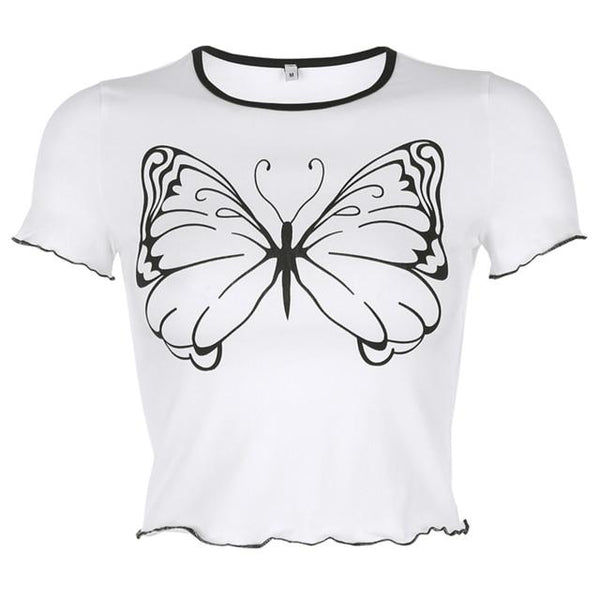 White And Black Butterfly Cropped Tee Top Women Short Sleeve Shirt Tops