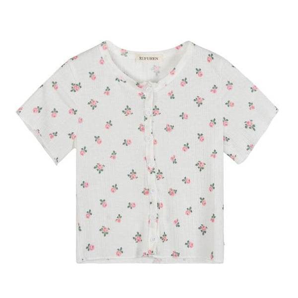 Little Flower Summery Crop Top With Buttons Shirt Women Tops