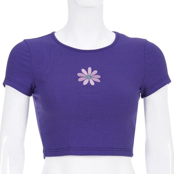 Purple Little Flower Summer Crop Top Tee Shirt Women Fashion Tops