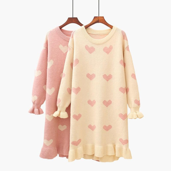 Sweet Heart Loose Comfy Long Knitted Sweater Dress Tops