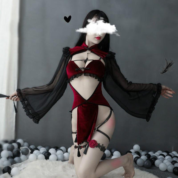 Dark Midnight Red Velvet  Witch Lingerie Costume Women's Costumes