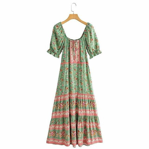 Women' Boho Green Floral Sundress Garden Party Dress Dresses