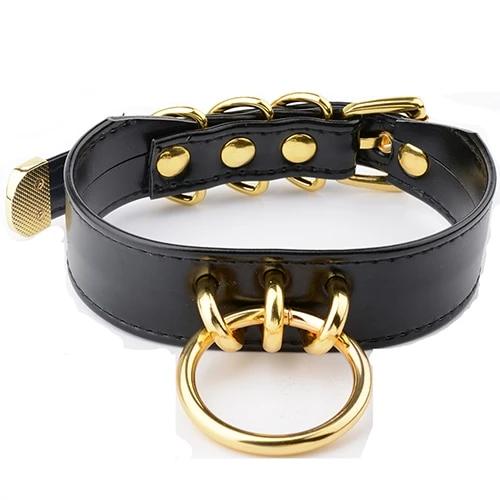 Black Faux Leather Silver Gold Ring Submissive Collar Collars & Leashes