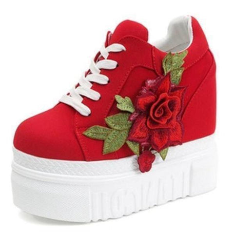 Red Rose Wedge Sneakers Embroidered Flower White Black High Heels Comfort Shoes