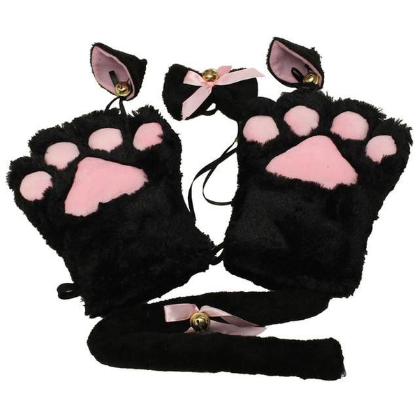 Plush Cat Ears Paws Gloves Tail Anime Cosplay Kitten Pet Play  Kink Fetish Women's Costumes