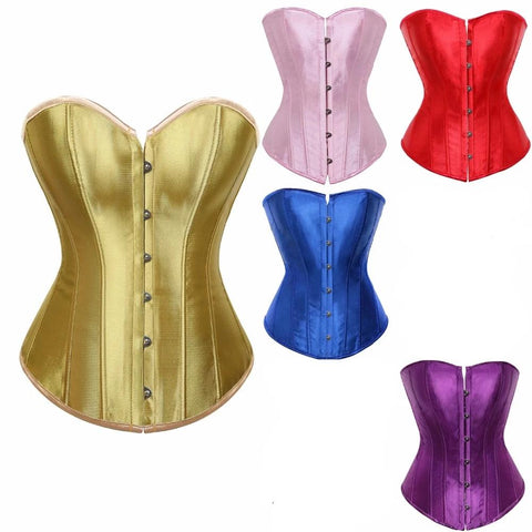 Satin Over Bust Corset Lace Up Back Pink Purple Blue Gold Red Erotic Lingerie