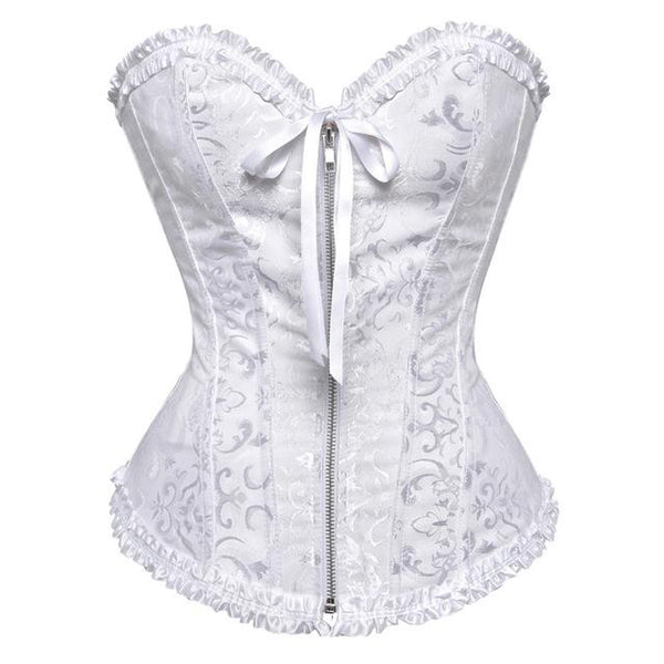 White Floral Corset Sweetheart Bustline Zip Front Corsets