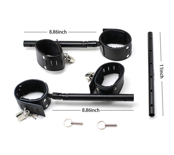 Expandable Metal Spreader Bar 4 Purple Locking Leather Fur Cuffs  Restraints Spreader Bars