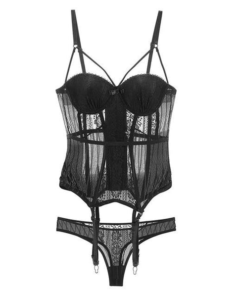 Black High Elasticity Corset Bustier Cup Garter Set With Straps Lingerie Corsets