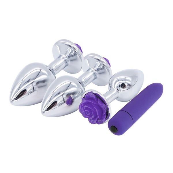 Purple Rose Stainless Steel Anal Plugs 3 Sizes Vibrating  Butt Set Non Vibrating Butt Plugs