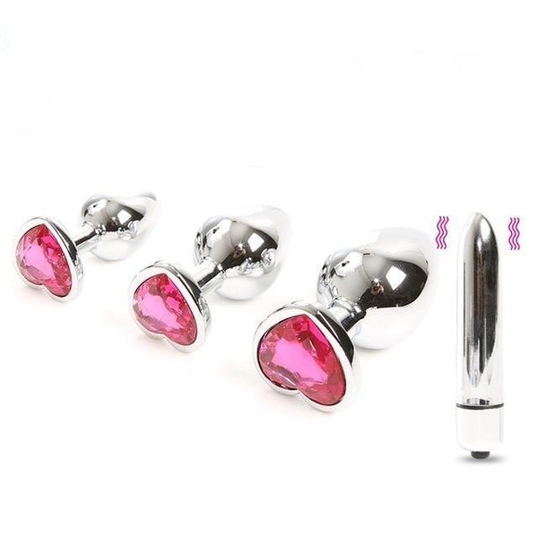 Pink Heart Crystal Jewel Metal Butt Plug Three Size Mini  Anal Training Non Vibrating Butt Plugs