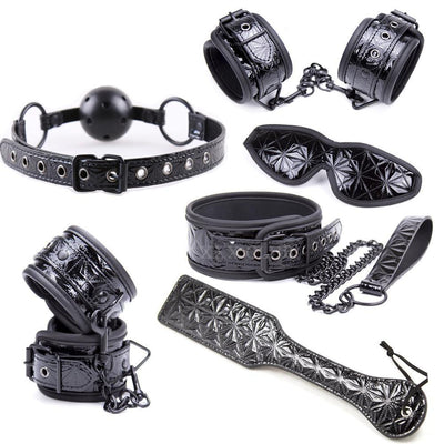 Red Black 6Pc Spanking Paddle Gag Cuffs Collar Blindfold  Kink Fetish Kit  Starter Kits
