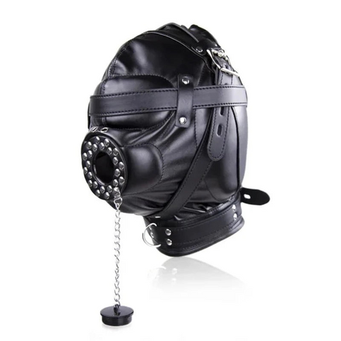 House Of Dasein Pu Leather Sensory Deprivation Head Harness Headgear Open Mouth Gag Removable Funnel Femdom  Restraint Hood Roleplay Gags