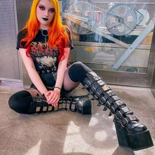 Punk Women Cosplay High Tube Leather Platform Wedges Gothic Style Shoes Boots