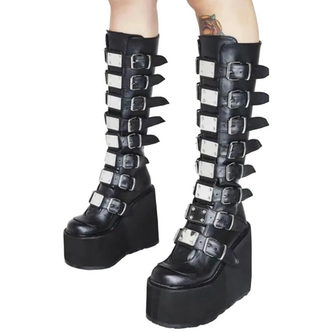 Punk Women Cosplay High Tube Leather Platform Wedges Gothic Style Shoes Boots