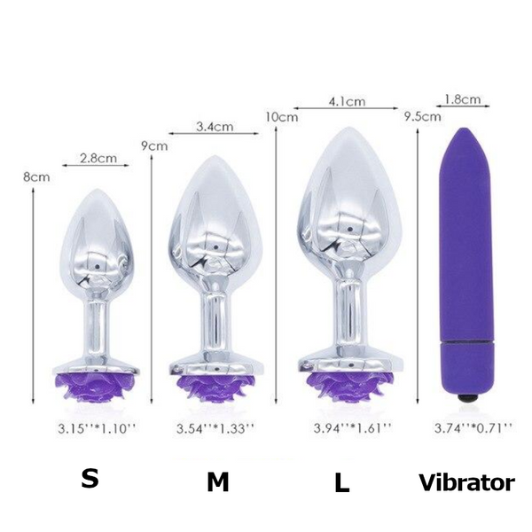 Purple Rose Stainless Steel Anal Plugs 3 Sizes Vibrating  Butt Set Non Vibrating Butt Plugs