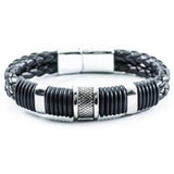 Veile Studios Retro Fashion Personality Double Woven Leather Bracelet Stainless Steel Magnet Buckle Silver Bracelets