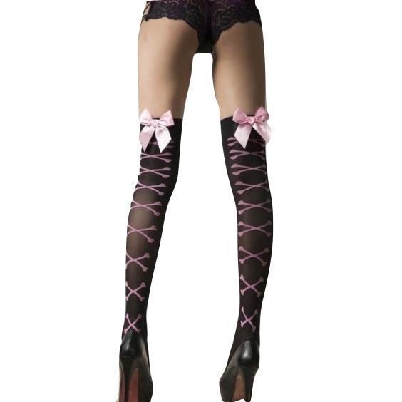 Thigh High Corset Lace Up With Pink Silk Bow Stockings
