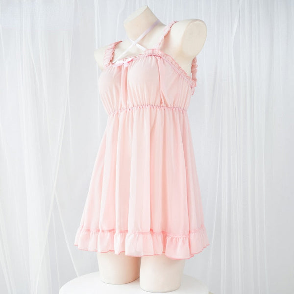 Japanese Lolita Anime Girls Sweet Maid Cosplay Pink Chiffon Bandage Pajamas  Cosplay & Roleplay