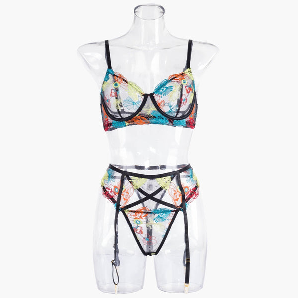 Delicate Sheer Floral  Lingerie Set Bra Garter Belt Panties Size Cm Under Bras & Bra Sets