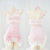 Lolita Anime Girls Sexy Cosplay Pink Knitted Halter Bandage Pajamas Ruffles Homewear Dress Women Party Sleep Gifts