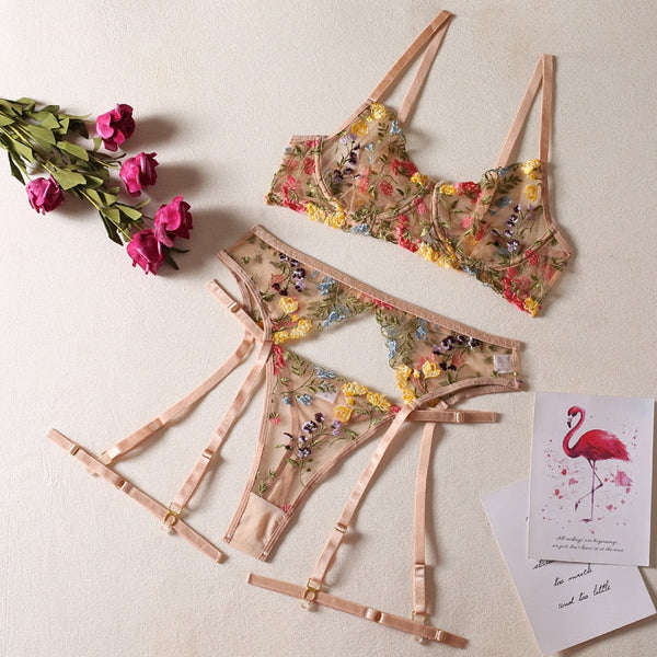 Bright Cheery Fun Floral Lingerie Garter Belt Panties Bra Sets Bras & Bra Sets