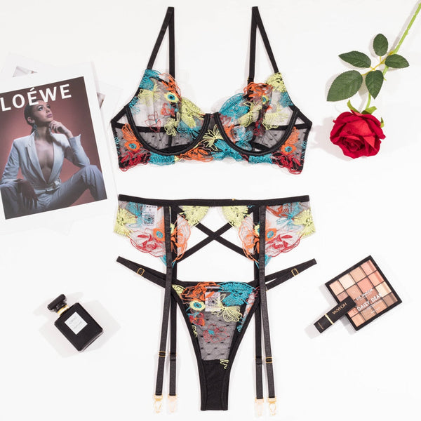 Delicate Sheer Floral  Lingerie Set Bra Garter Belt Panties Size Cm Under Bras & Bra Sets