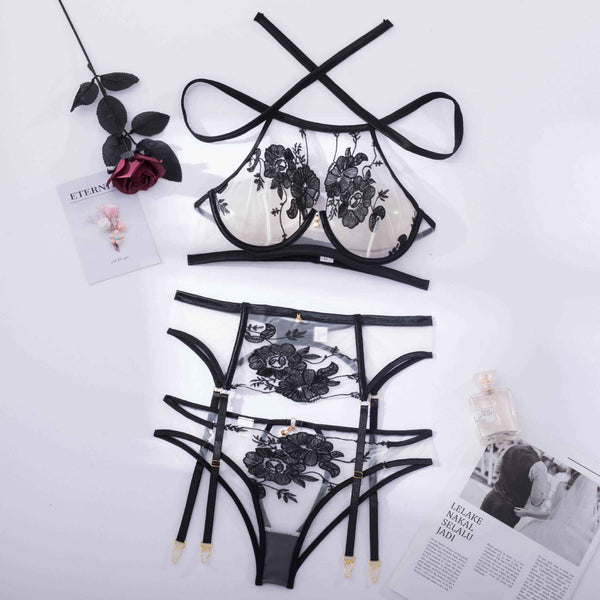 3 Piece  Black Floral Transparent Halter Bra Panties Lingerie Set Women Bras & Bra Sets
