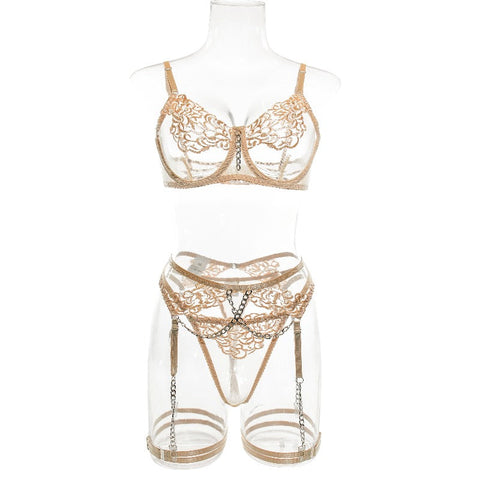 5 Piece Luxury See Through Floral Chains Thong Garter Bra Lingerie Set Colour Bras & Bra Sets