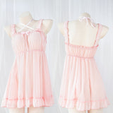 Japanese Lolita Anime Girls Sweet Maid Cosplay Pink Chiffon Bandage Pajamas Sexy Homewear Dress Set Women Lingerie