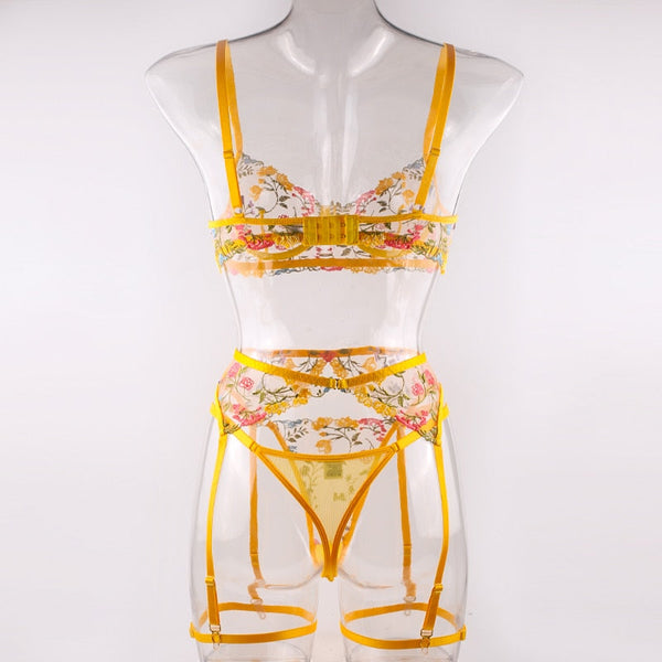 Bright Cheery Fun Floral Lingerie Garter Belt Panties Bra Sets Bras & Bra Sets