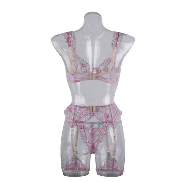 Light Purple Floral Embroidery Cute Feminine Lingerie Set Bra Panties Garter Bras & Bra Sets