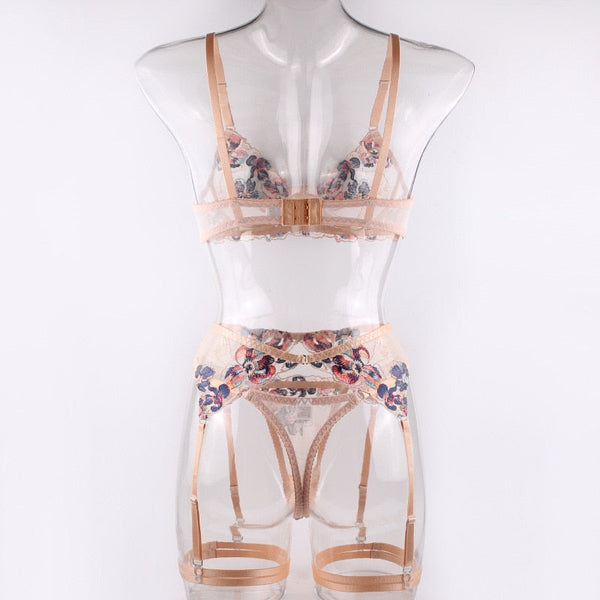 Feminine Sheer Floral Flowers Lace Bra Panties Garter Belt Lingerie Set Bras & Bra Sets