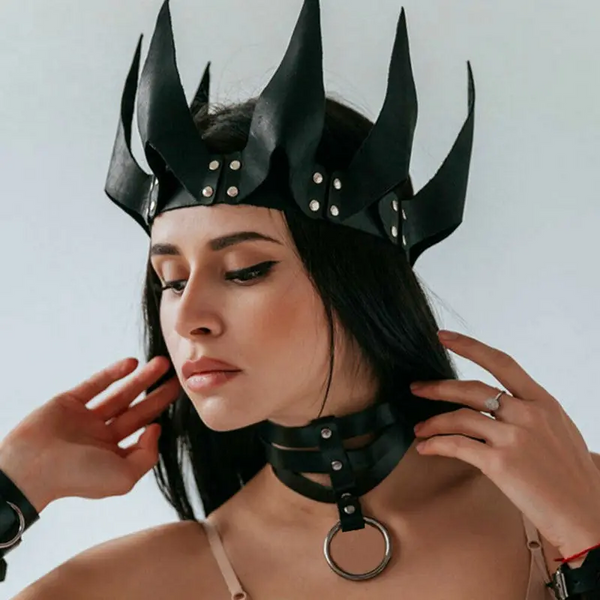 Leather Crown Mask  Fetish Head Black Cosplay Adult Halloween Masquerade Women's Costumes