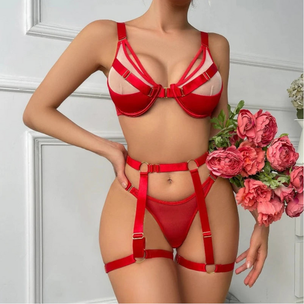 Strappy Fetish Lingerie Bra Garter Underwear For Women In Black And Red Bras & Bra Sets