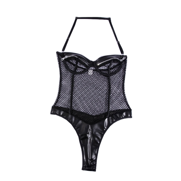 Black Zipper Fishnet Halter Neck Open Crotch Bodysuit Women Bodysuits