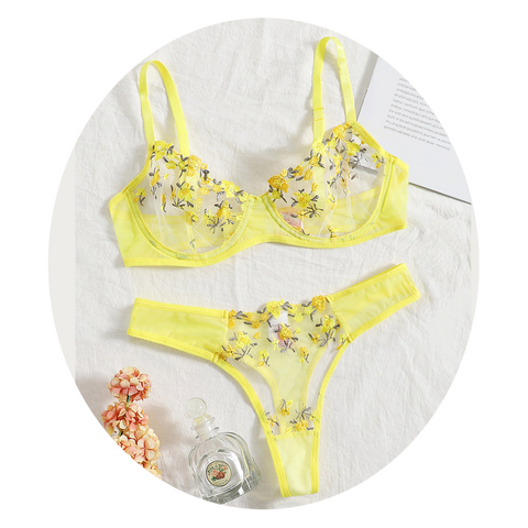 Sheer Delicate Floral Embroidery Transparent Lingerie Bra Panties Set Bras & Bra Sets