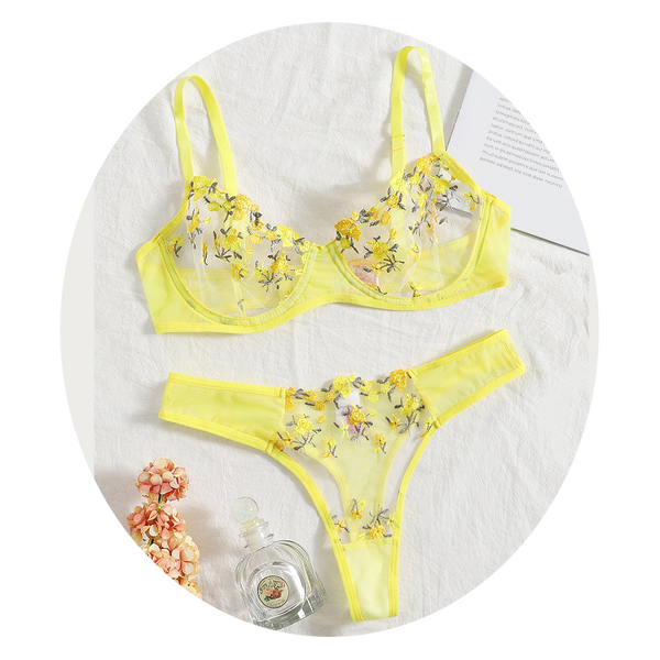 Sheer Delicate Floral Embroidery Transparent Lingerie Bra Panties Set Bras & Bra Sets