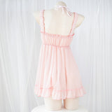 Japanese Lolita Anime Girls Sweet Maid Cosplay Pink Chiffon Bandage Pajamas Sexy Homewear Dress Set Women Lingerie