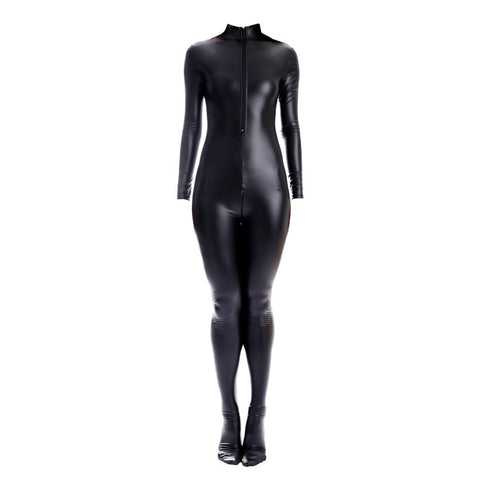 Matte Black Faux Latex Zentai Full Body Open Crotch Catsuit Bodysuit