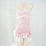 Lolita Anime Girls Sexy Cosplay Pink Knitted Halter Bandage Pajamas Ruffles Homewear Dress Women Party Sleep Gifts