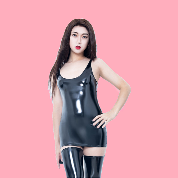 Shiny Black Patent Leather Mini Dress Faux Latex Clubwear Dresses