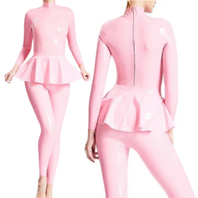 Pink Catsuit With Swing Skirt In Middle Back Zipper Rubber Body Suit Costume Latex