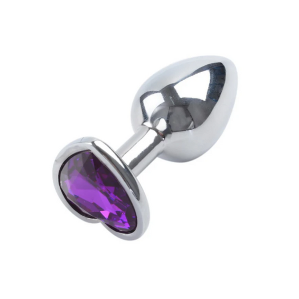 Silver Metal Anal Plug W Purple Heart Crystal Small Non Vibrating Butt Plugs