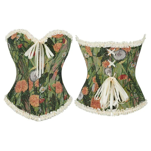 Green Floral Print Boned Corset Front Busk Closure Bowknot Bandage Victorian Style Corsets & Bustiers