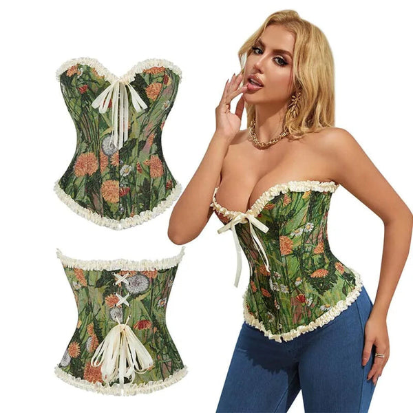 Green Floral Print Boned Corset Front Busk Closure Bowknot Bandage Victorian Style Corsets & Bustiers