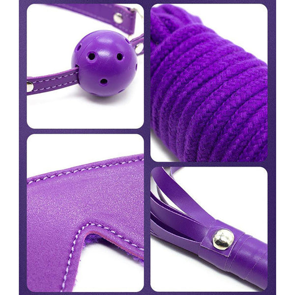 10 Piece Plush Lined Adjustable Restraint Kit With Rope & Accessories For Couples Purple Restraint Kits & Sets