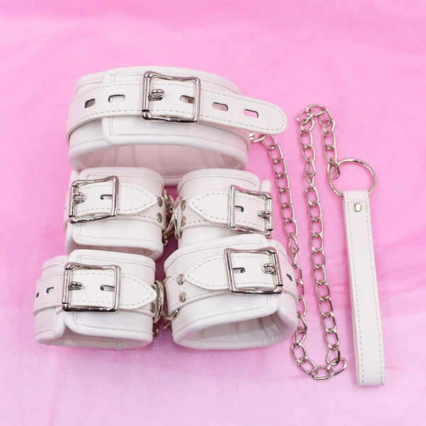 White Padded Collar Cuffs Ankle Wrist Leash  Kink  Kit Restraint Kits & Sets
